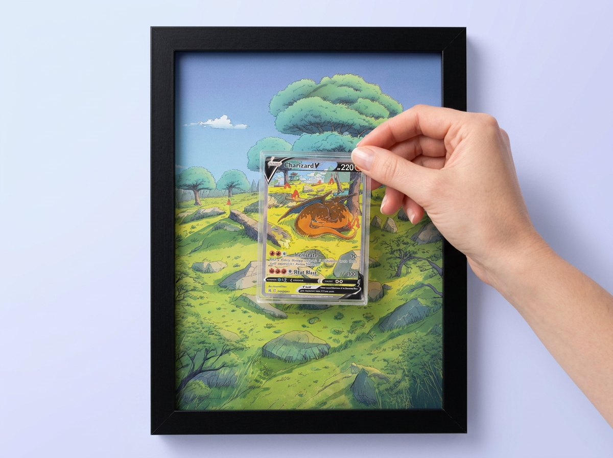 Hand attaching a card case to a Display Haven frame on a wall